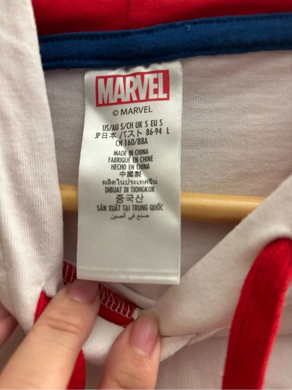 Marvel White Hooded Short-Sleeve Top with Red Sleeves and Blue Logo